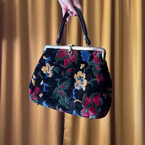 Vintage 50s 60s Floral Carpet Bag, Cara Chenille Tapestry Purse
